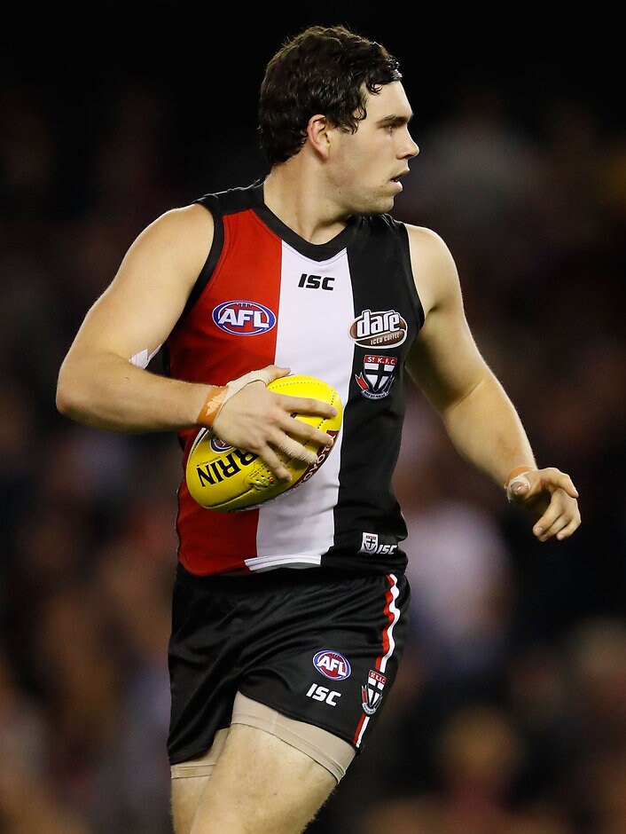 AFL 2016 Rd 09 - St Kilda v Essendon MELBOURNE, AUSTRALIA - MAY 22: Paddy McCartin of the Saints in action during the 2016 AFL Round 09 match between the St Kilda Saints and the Essendon Bombers at Etihad Stadium on May 22, 2016 in Melbourne, Australia. (Photo by Adam Trafford/AFL Media)